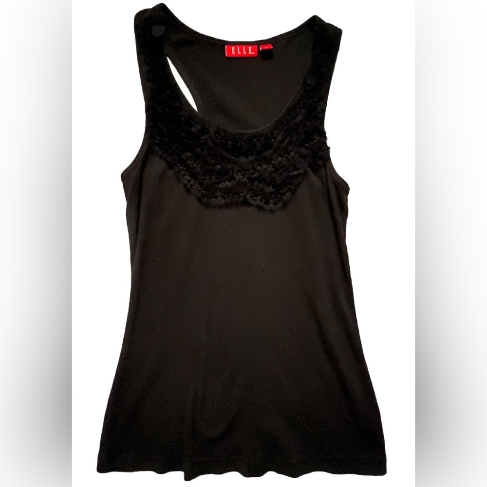 Elle Black Ruffle Front Ribbed Tank Top EUC M - Picture 2 of 9